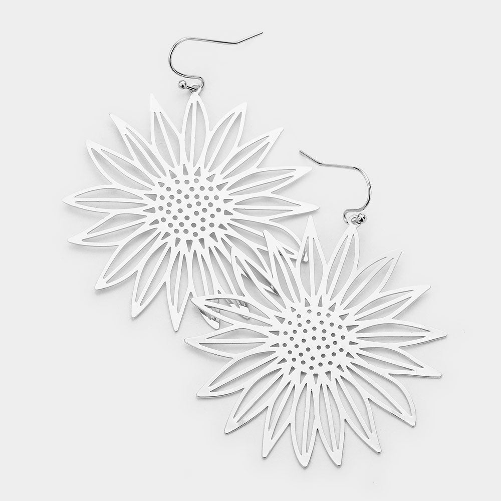 Brass Metal Sunflower Dangle Earrings